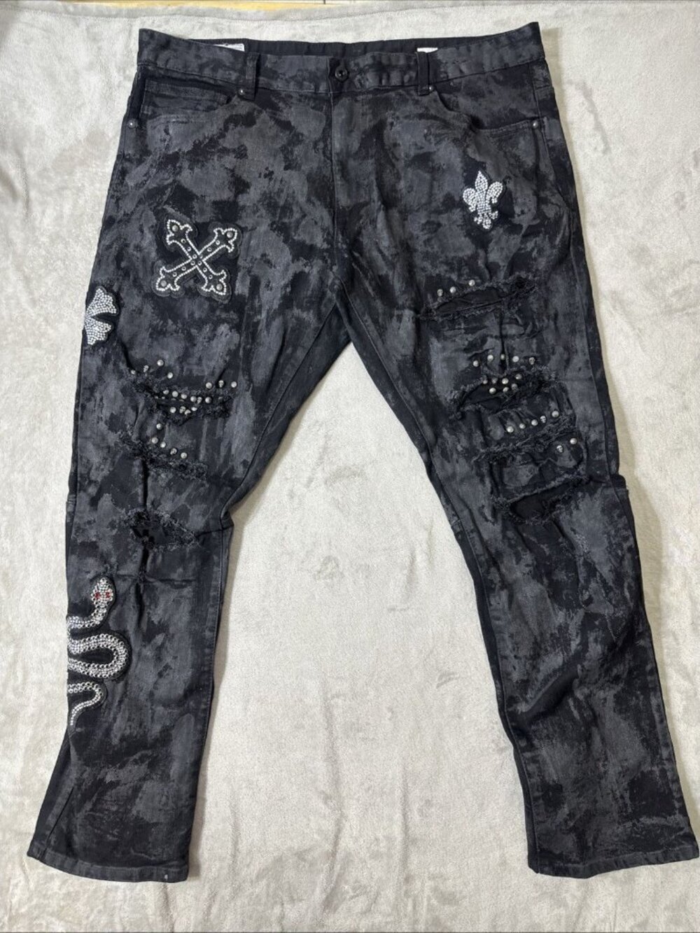 Smoke Rise Distressed Jeans Mens 42x32 Black Studded Rhinestone Biker Denim